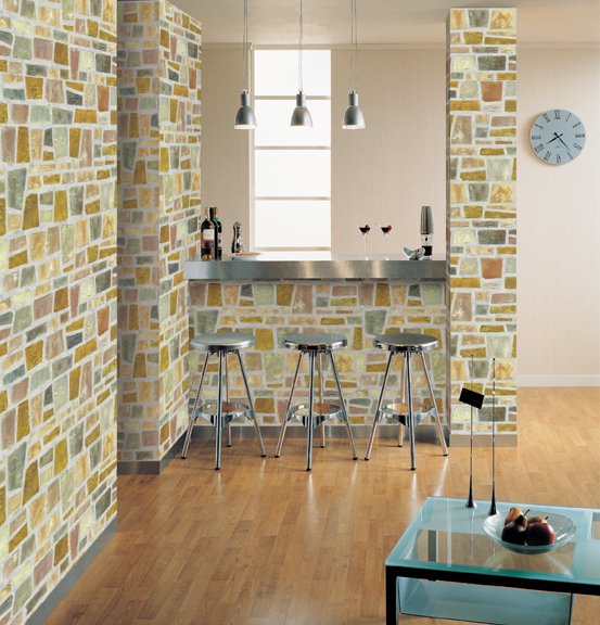 An InFeel architectural finish applied to the walls of an apartment kitchen.