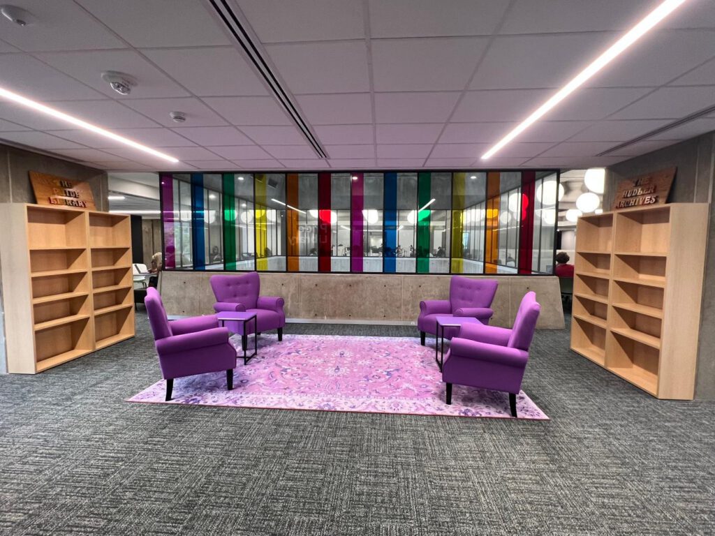 Pride film display in the D.B. Weldon Pride Library