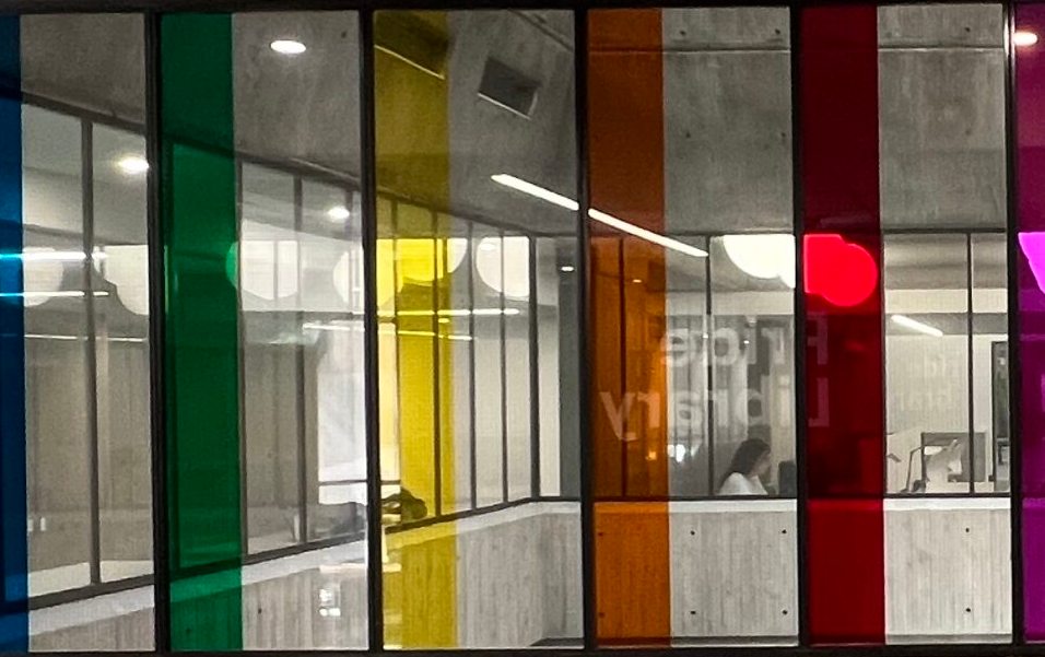 Pride film display in the D.B. Weldon Pride Library