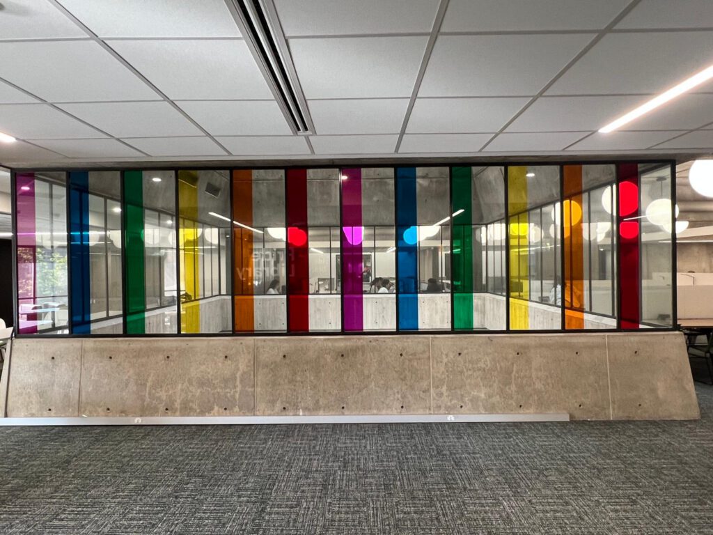 Pride film installed in D.B. Weldon’s Pride Library.