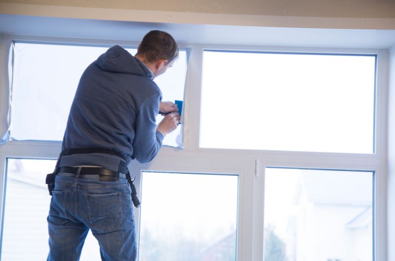 A man applying one of Window Film Systems' products on windows in his home.